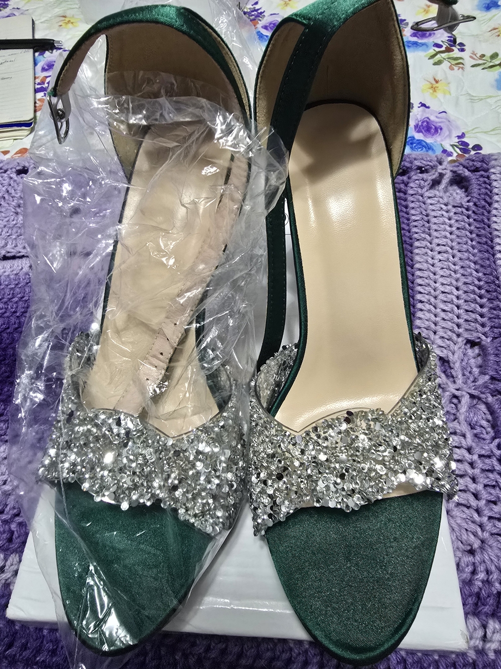 Green and Silver Sequin Women's Heels with Matching Earrings
